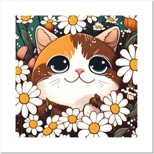 Happy Cute Cat With White Flowers Posters and Art